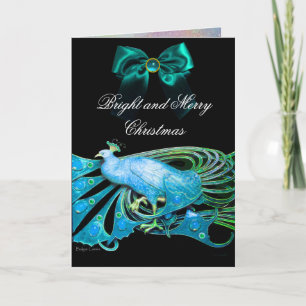ELEGANT BLUE PEACOCK,GEM STONES AND CHRISTMAS BOW HOLIDAY CARD