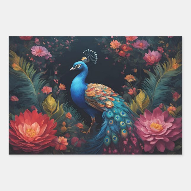 Elegant Blue Peacock in Colourful Floral Garden Wrapping Paper Sheet (Front 3)