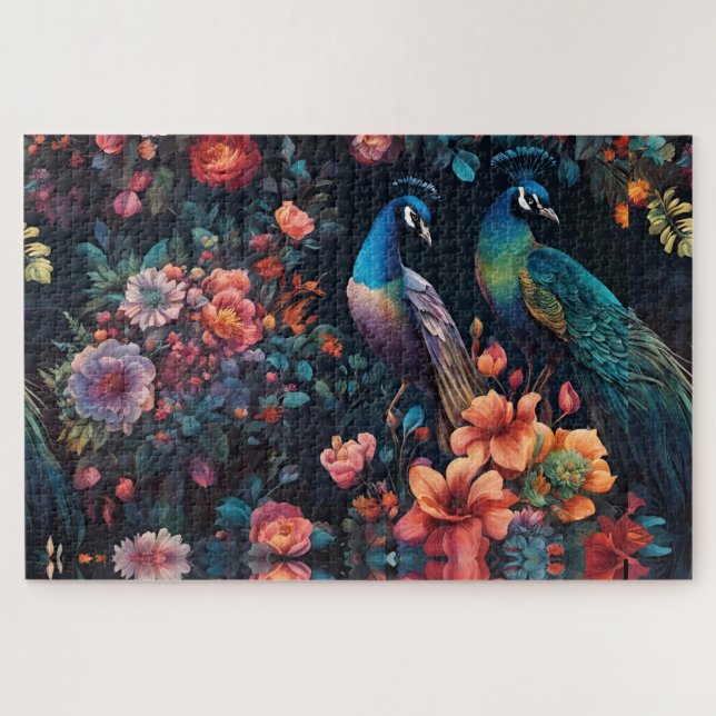 Elegant Blue Peacock in Colourful Flower Garden Jigsaw Puzzle (Horizontal)
