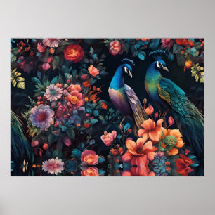 Elegant Blue Peacock in Colourful Flower Garden Poster