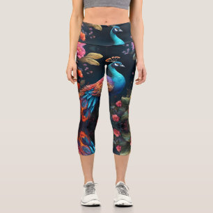 Elegant Blue Peacock in Colourful Garden Capri Leggings