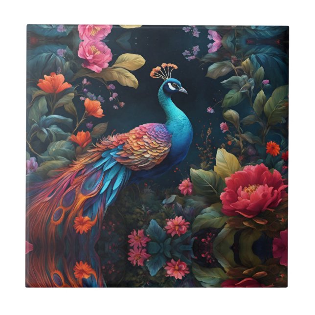 Elegant Blue Peacock in Colourful Garden Ceramic Tile (Front)