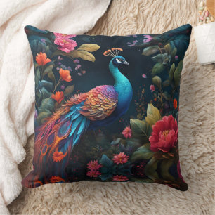 Elegant Blue Peacock in Colourful Garden Cushion