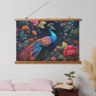 Elegant Blue Peacock in Colourful Garden Hanging Tapestry
