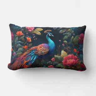 Elegant Blue Peacock in Colourful Garden Lumbar Cushion