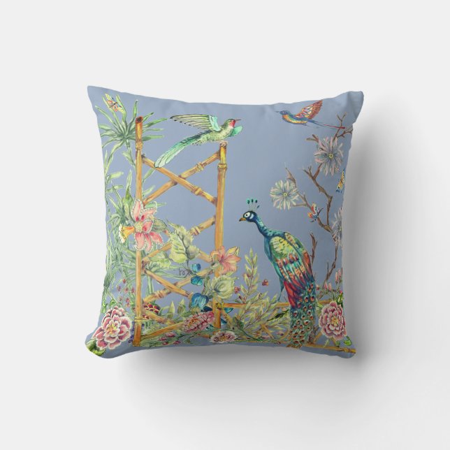 Elegant Blue Peacock in Oriental Flower Garden Cushion (Front)