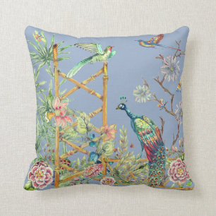 Elegant Blue Peacock in Oriental Flower Garden Cushion
