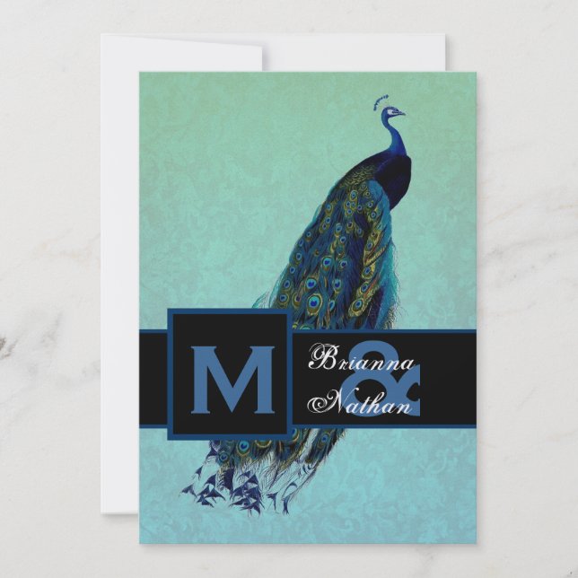 Elegant Blue Peacock Metallic Wedding Invitation (Front)
