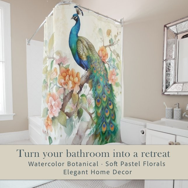 Elegant Blue Peacock Pink Flowers Shower Curtain (Elegant peacock botanical shower curtain)