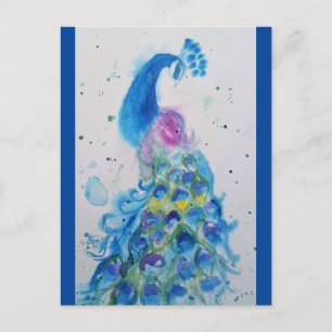 Elegant Blue Peacock Watercolour Painting Postcard