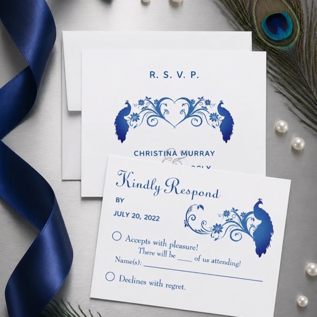 Elegant Blue Peacock Wedding RSVP Card (Creator Uploaded)