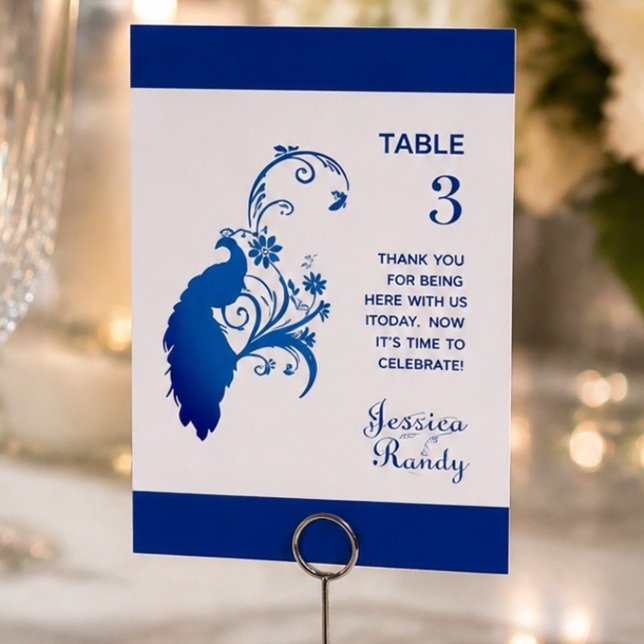 Elegant Blue Peacock Wedding Table Card (Creator Uploaded)