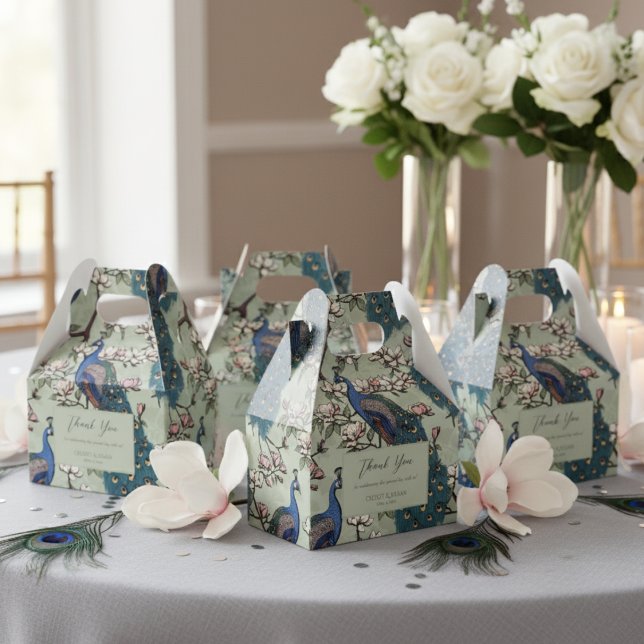 Elegant Blue Peacocks and Flowers Sage Green Favour Box (Elegant Floral Peacock & Magnolia Flowers Wedding Thank You Favor Boxes. Chic Blue & Teal Peacock)
