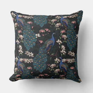 Elegant Blue Peacocks, Magnolia Flowers, Branches  Cushion