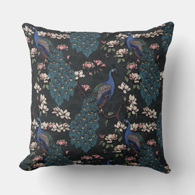 Elegant Blue Peacocks, Magnolia Flowers, Branches  Cushion (Front)