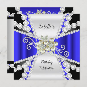 Elegant Blue Pearl Black White Diamond Birthday Invitation