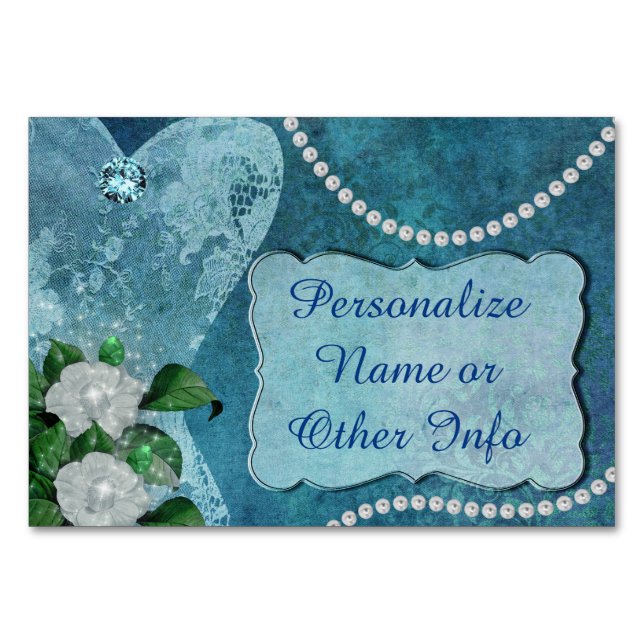 Elegant Blue Pearls & Lace Personalised Table Number (Front)