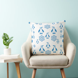 Elegant Blue Penguins With Snowflakes Pattern Cushion