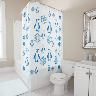 Elegant Blue Penguins With Snowflakes Pattern Shower Curtain