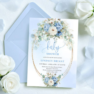 Elegant Blue Peonies Greenery Baby Shower Invite
