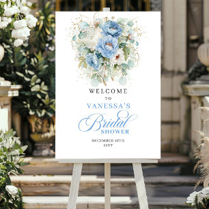 Elegant Blue Peonies Greenery Bridal Shower Welcom Poster
