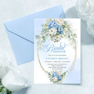 Elegant Blue Peonies Greenery Gold Bridal Shower Invitation