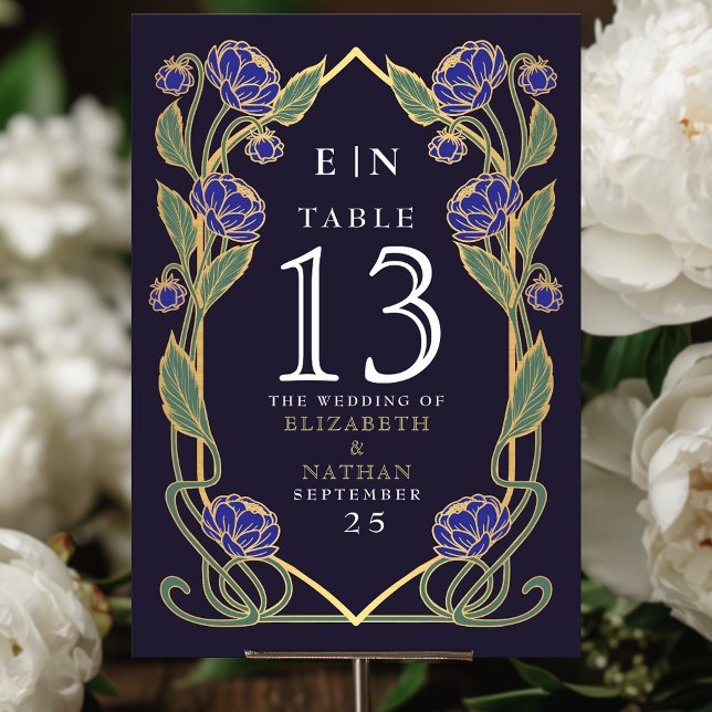 Elegant Blue Peony Art Nouveau Floral Wedding Table Number (Creator Uploaded)