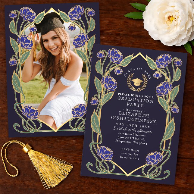 Elegant Blue Peony Art Nouveau Graduation Party Invitation (Creator Uploaded)