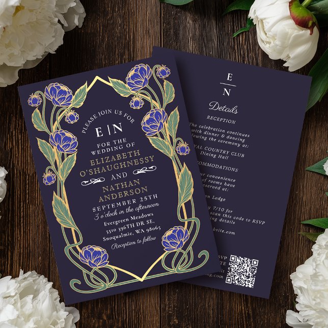 Elegant Blue Peony Art Nouveau QR Code Wedding Invitation (Creator Uploaded)