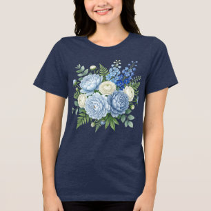 Elegant Blue Peony Floral Bouquet Watercolor Desig Tri-Blend Shirt