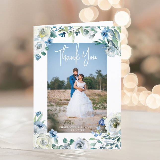 Elegant Blue Peony Floral Wedding Photo Folded Thank You Card (Creator Uploaded)