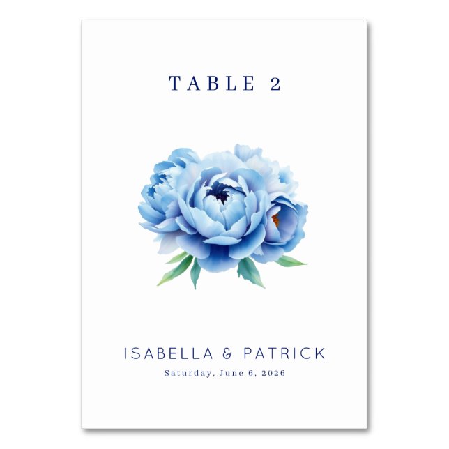 Elegant Blue Peony Table Number (Front)