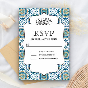 Elegant Blue Persian Mosaic Islamic Muslim Wedding RSVP Card