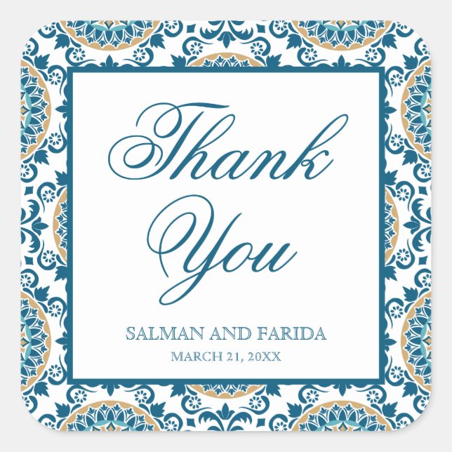 Elegant Blue Persian Mosaic Wedding Thank You Square Sticker (Front)