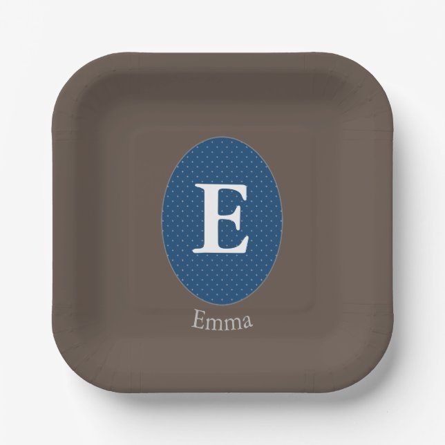 Elegant Blue Personalised Monogram Paper Plates (Front)