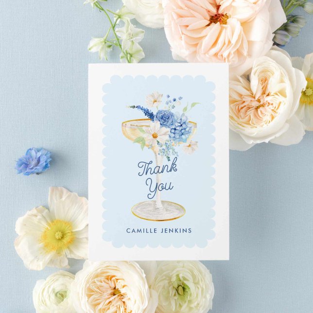 Elegant Blue Petals and Prosecco Bridal Shower Thank You Card (Blue Petals and Prosecco Bridal Shower Thank you card)