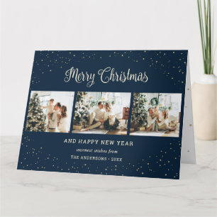 Elegant Blue Photo Collage Merry Christmas Cards