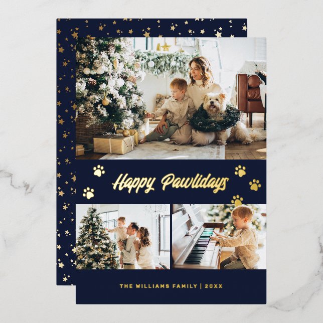 Elegant Blue Photo Happy Pawlidays Gold Foil Holiday Card (Front/Back)