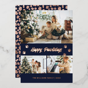 Elegant Blue Photo Happy Pawlidays Rose Gold Foil Holiday Card