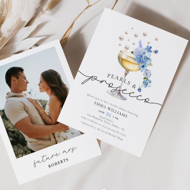 Elegant Blue Photo Pearls & Prosecco Bridal Shower Invitation (Creator Uploaded)
