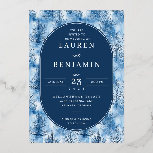 Elegant Blue Pine Tree Wedding Invitation (Front)