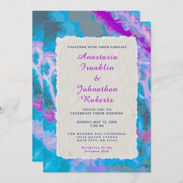 Elegant Blue Pink Abstract Watercolor Wedding Invitation (Front/Back)