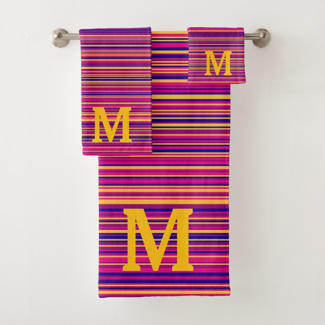Elegant blue pink and yellow stripes monogram bath towel set (Insitu)
