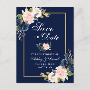 Elegant Blue Pink Blush Floral Gold Save the Date Announcement Postcard