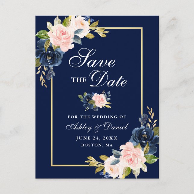 Elegant Blue Pink Blush Floral Gold Save the Date Announcement Postcard (Front)