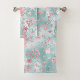 Elegant Blue Pink Christmas Snowflake Pattern Bath Towel Set