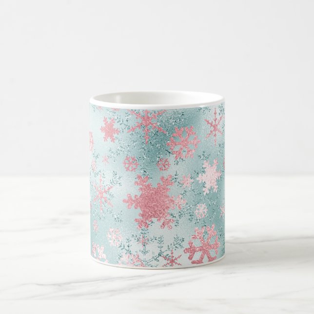 Elegant Blue Pink Christmas Snowflake Pattern Coffee Mug (Center)