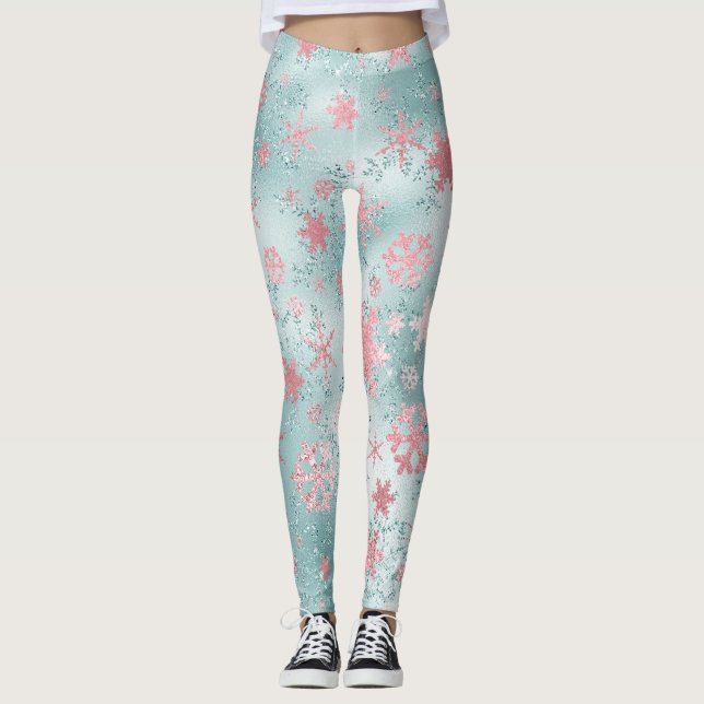 Elegant Blue Pink Christmas Snowflake Pattern Leggings (Front)