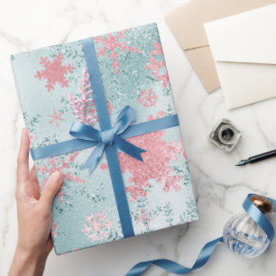 Elegant Blue Pink Christmas Snowflake Pattern Wrapping Paper