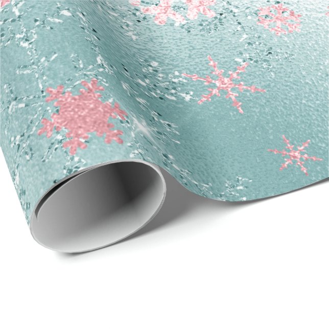Elegant Blue Pink Christmas Snowflake Pattern Wrapping Paper (Roll Corner)